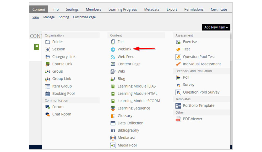 A screenshot showing a list of content items with an arrow next to a weblink, indicating it as the clickable option.
