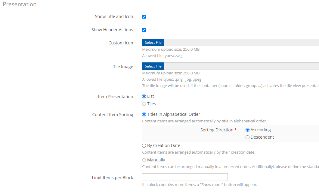 Presentation section under the settings tab